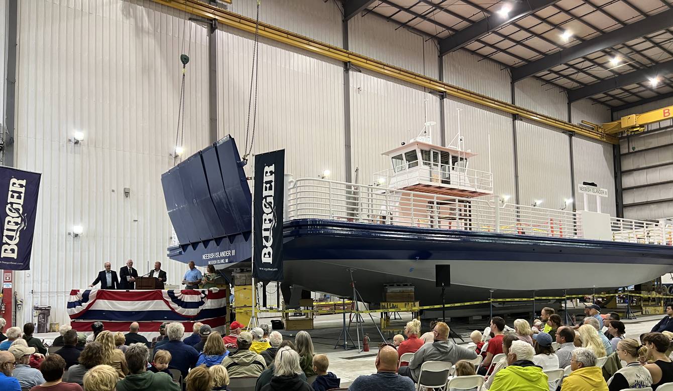 View of christening ceremony for Neebish Islander III