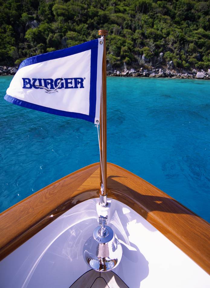 Image of Burger burgee at front of yacht