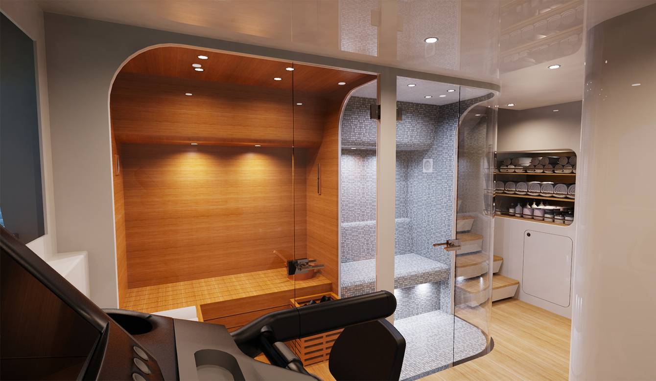 Interior view of workout area with sauna