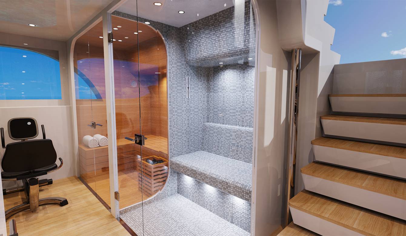 Interior view of workout area with stairs