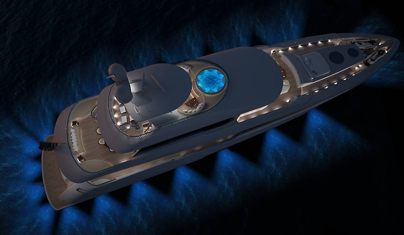 Nighttime aerial view of 144' Tri-Deck