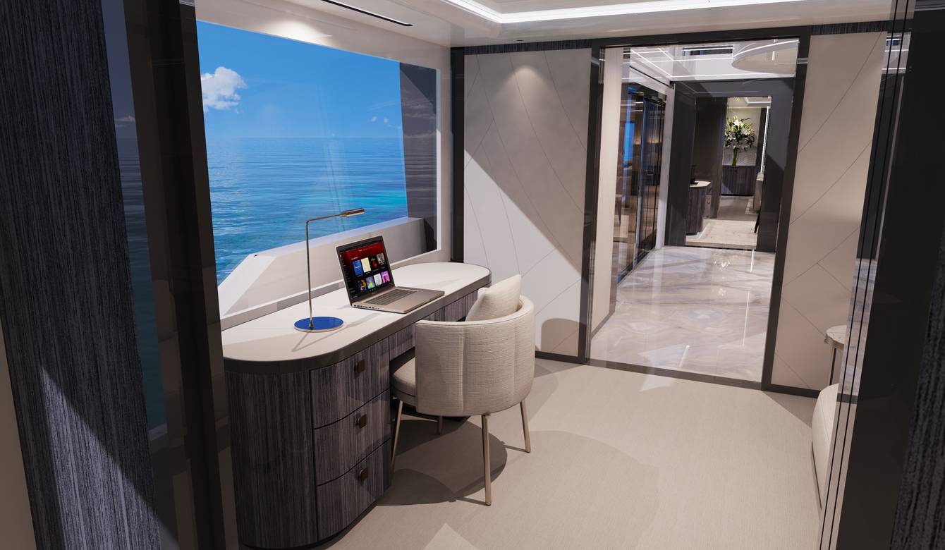 Interior view of office with wood desk