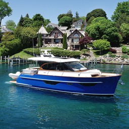 Blue calmly navigating the shore of a lake